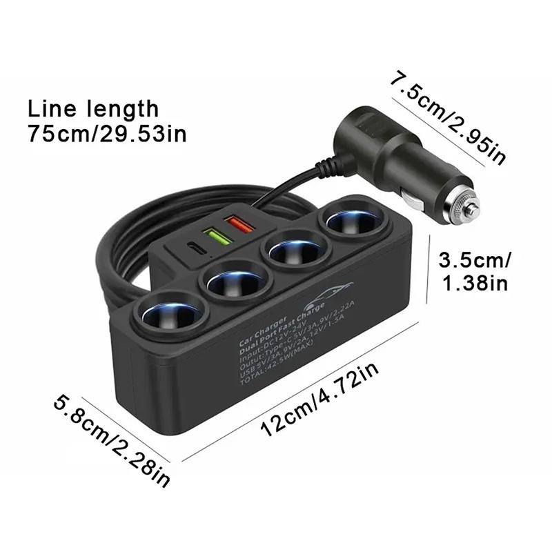מטען רכב 4 ב-1 עם שני USB לטעינה מהירה, מפצל מצית סיגריות, תקע 12V 24V, מתאם מתח למצלמת רכב DVR, GPS, מצלמת דרך, משאית