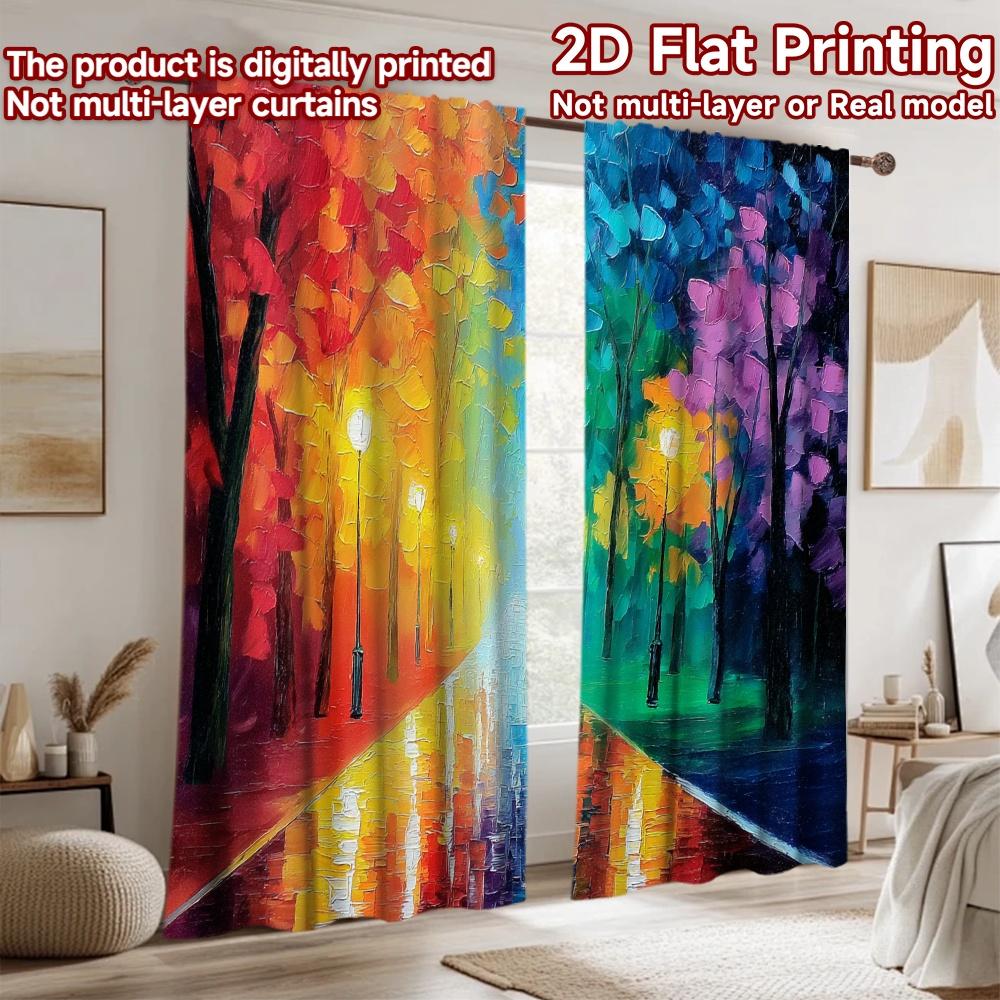 2D Flat Printing 2pcs Party Curtains Colorful Trees Park Digital Printed Polyester Drapes All Season Party & Holiday Decor