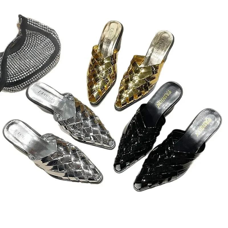 2025 New Woven Leather Sandals Women's Summer Hollow Out Mid Heel Mules Trendy Slip-On Shoes Rubber Upgraded Version