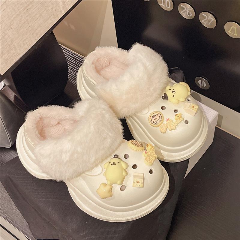 

Cartoon accessories fluffy hole shoes platform girls bag head slippers autumn and winter fashion niche cute warm cotton slippers 35