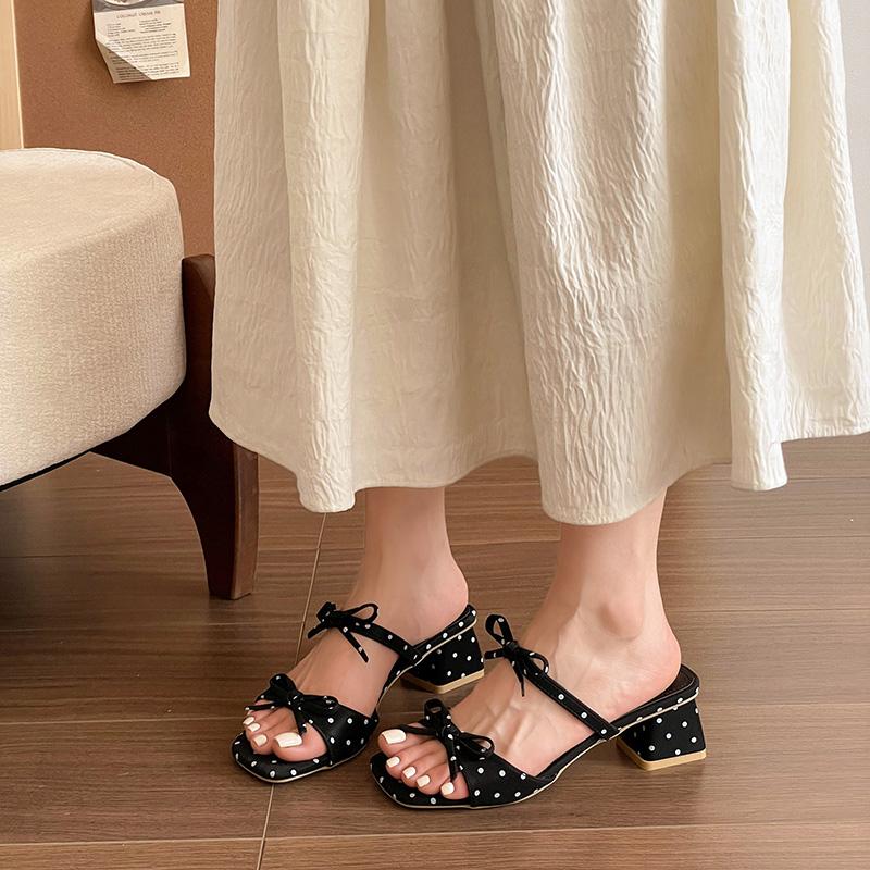 Butterfly-knot Polka Dot Women Slippers Summer Thick Heel Shoes Street Style Open Toe Vacation Party Dress Slides