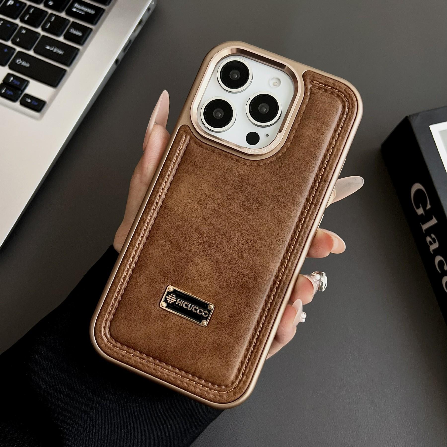 

For iPhone 16 Pro Max Case PC+PU Leather Shockproof Phone Back Cover Brown