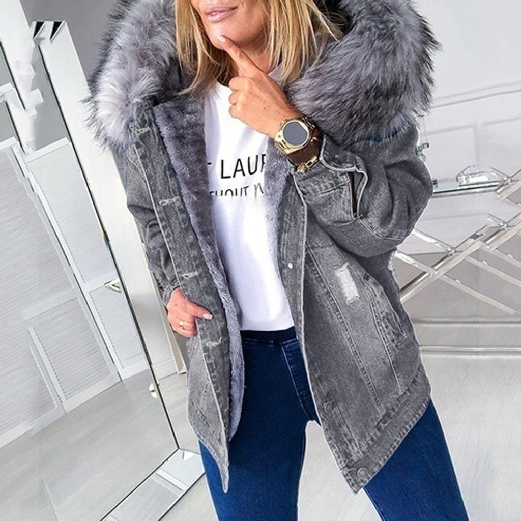 Women's Add A Long - sleeved Denim Solid Color Coat With A Fur-trimmed Collar