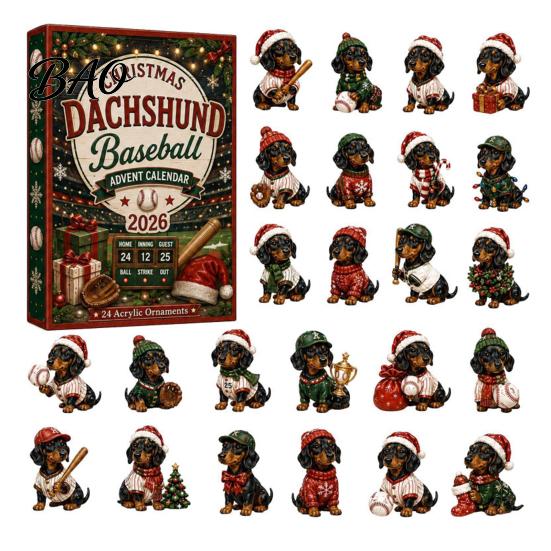 Acrylic Hanging Ornaments for Tree 2026 Dachshund Advent Calendar, 24 Days Baseball Dog Figures Lover Holiday Gifts Christmas Countdown Collectible