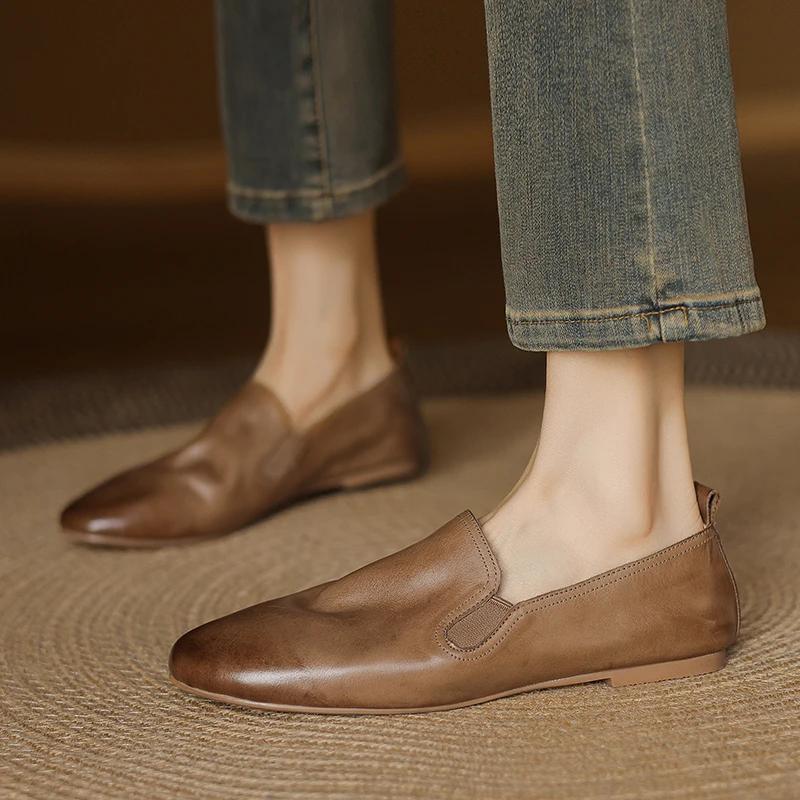 Fashion 2025 Spring Women Shoes Round Toe Chunky Heel Women Flats Women Shoes Genuine Leather Retro Loafers Ladies Shoes