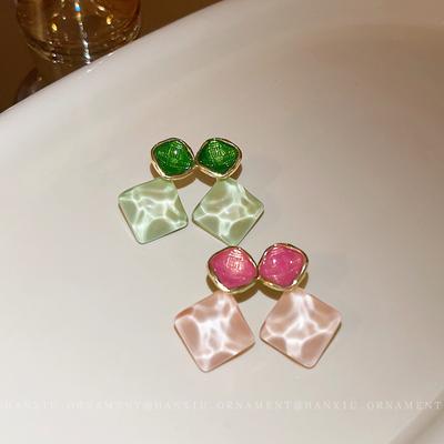 Fresh Dripping Oil Sparkling Square Stud Earrings, High-end Color Rhombus Earrings Ins Simple Wind Earrings