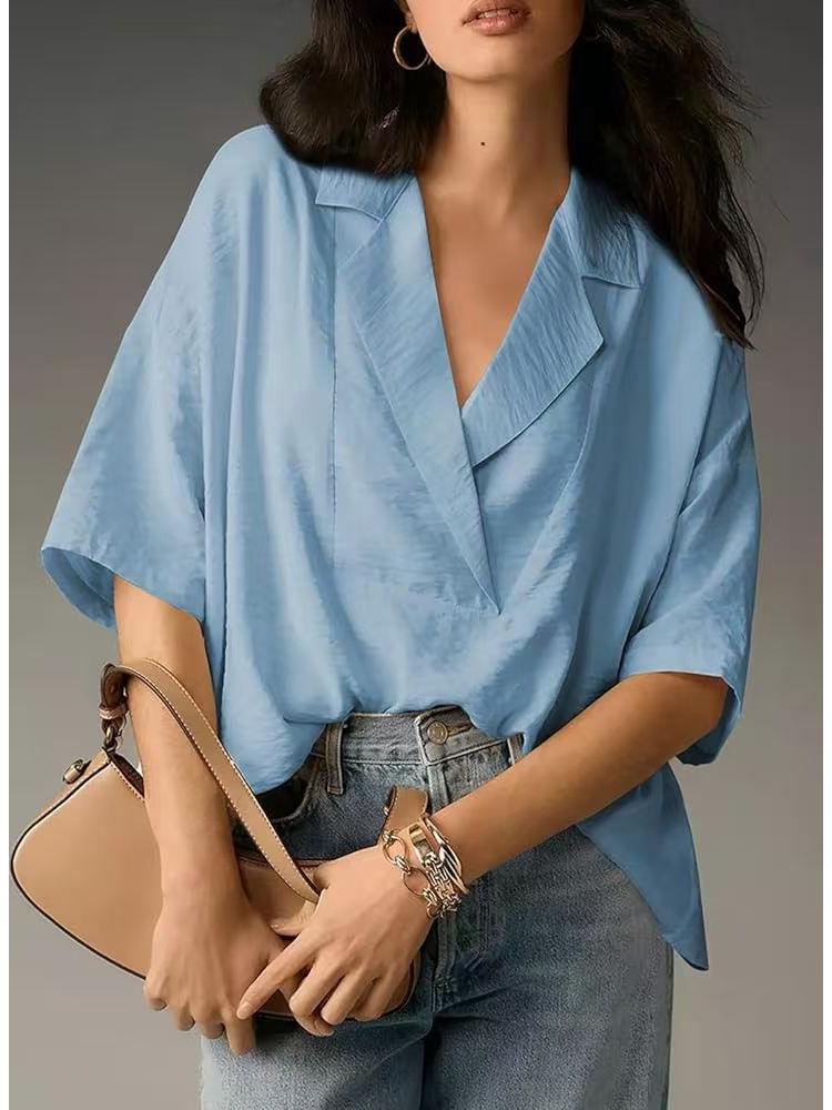 2025 Women's Casual Loose Short Sleeve Lapel Shirt - Solid Color, Summer Style