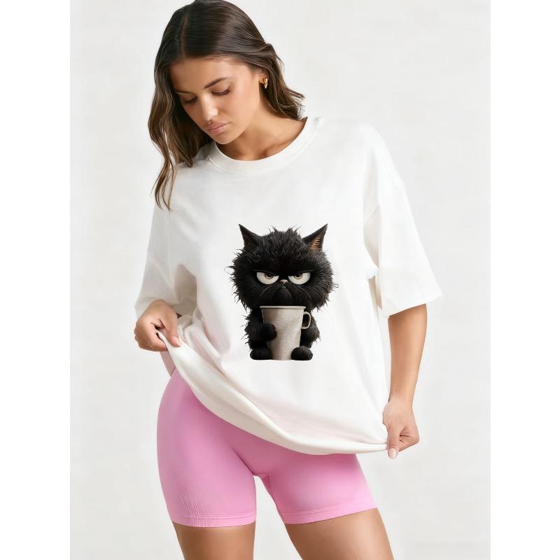Oversized T Shirt Black Angry Black Cat Holding Coffee Cup Print Casual Everyday Wear