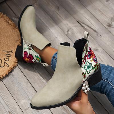 Damen Stiefeletten Hoch Herbst und Winter Warme Baumwollschuhe Damen Wildleder Mittelhoch Absatz Bestickt Mittelschaft Stiefeletten Damen Stiefel