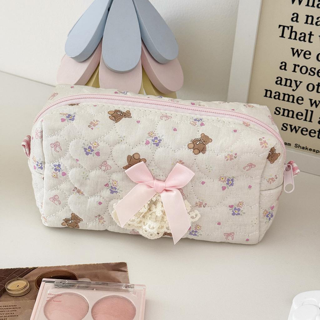 Women Love Plaid Lace Makeup Bags Case Kawaii Pink Cosmetic Brush Organizer Pouch for Women Cute Wash Toiletries Storage Bag