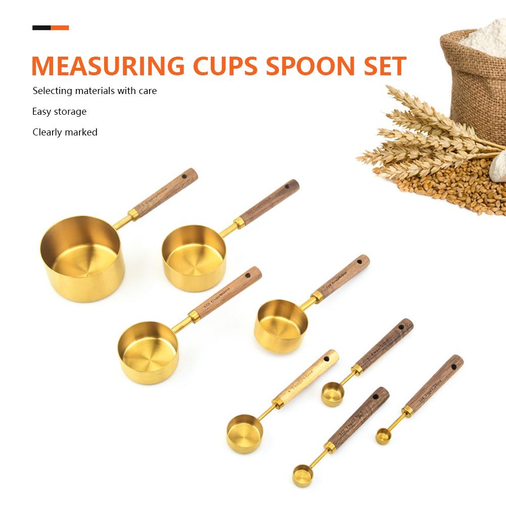Metal Measuring Cups Set with Wooden Handle Kitchen Measure Cup Spoon Set Stainless Steel Stackable Gold Bar Baking Tools