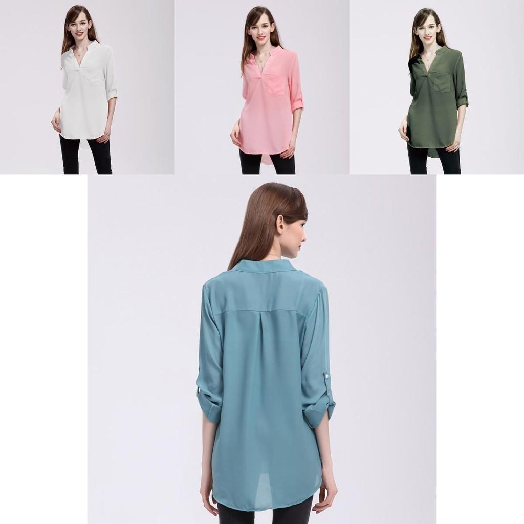 Blusas de Chiffon Estilosas Para Mulheres Camisas de Corte Amplo com Decote em V e Mangas Longas Perfeitas Para o Escritório e Uso Casual na Primavera
