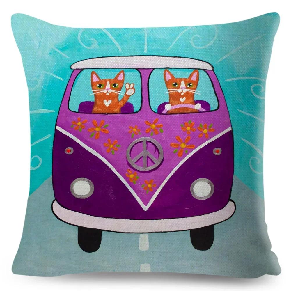 Cartoon Driving Car Cat Cushion Cover Decor Cute Pet Animal Pillowcase Polyester Pillow Case for Sofa Home Children Room