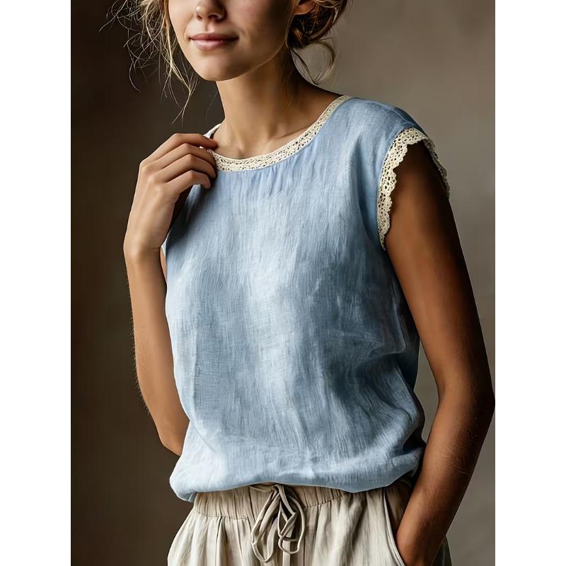 Womens Retro Loose Round Neck Solid Color Lace Splicing Sleeveless Linen Shirt