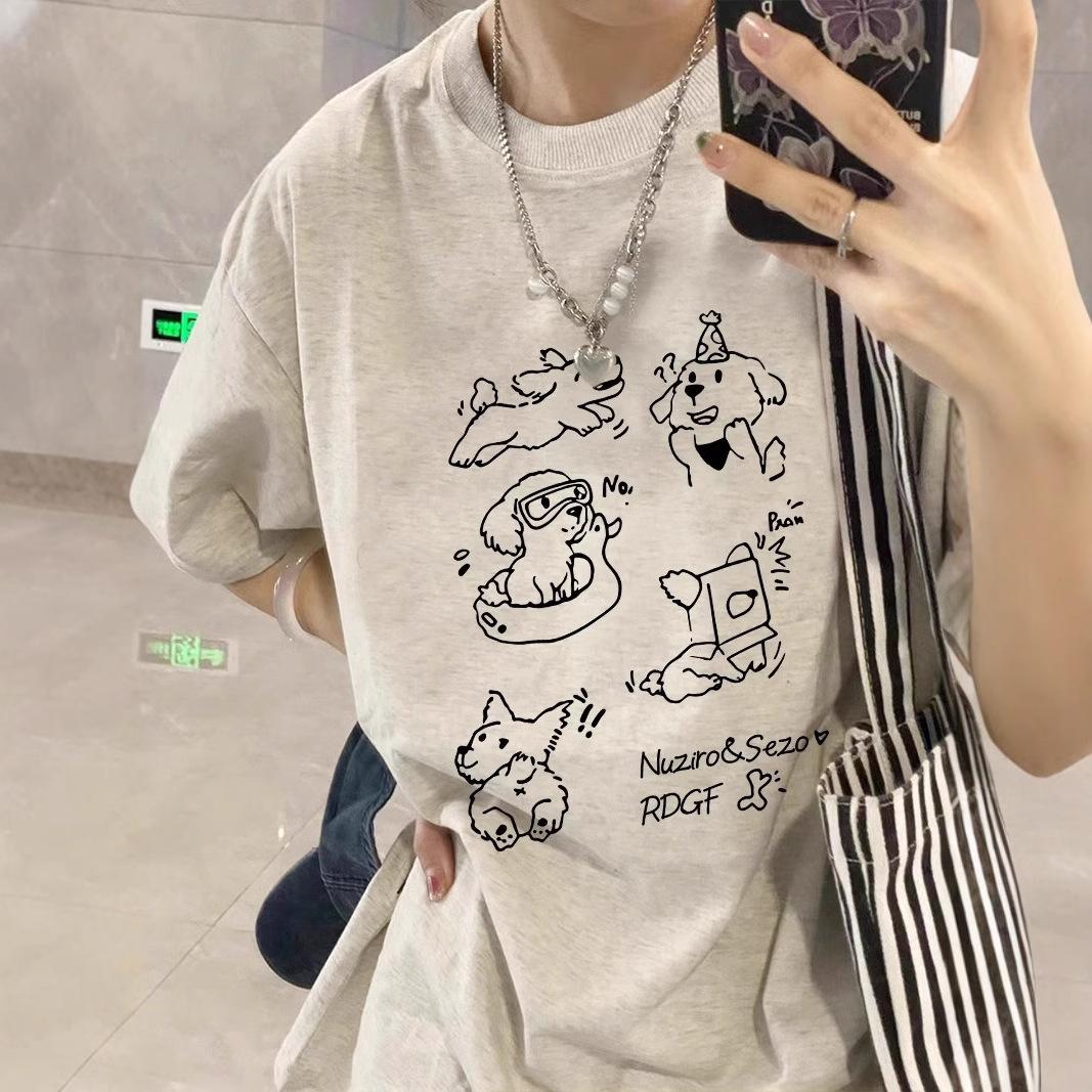 

Summer cotton white gray short-sleeved t-shirt female dog animal print design sense American half-sleeved loose top tide M (recommended 80-100)