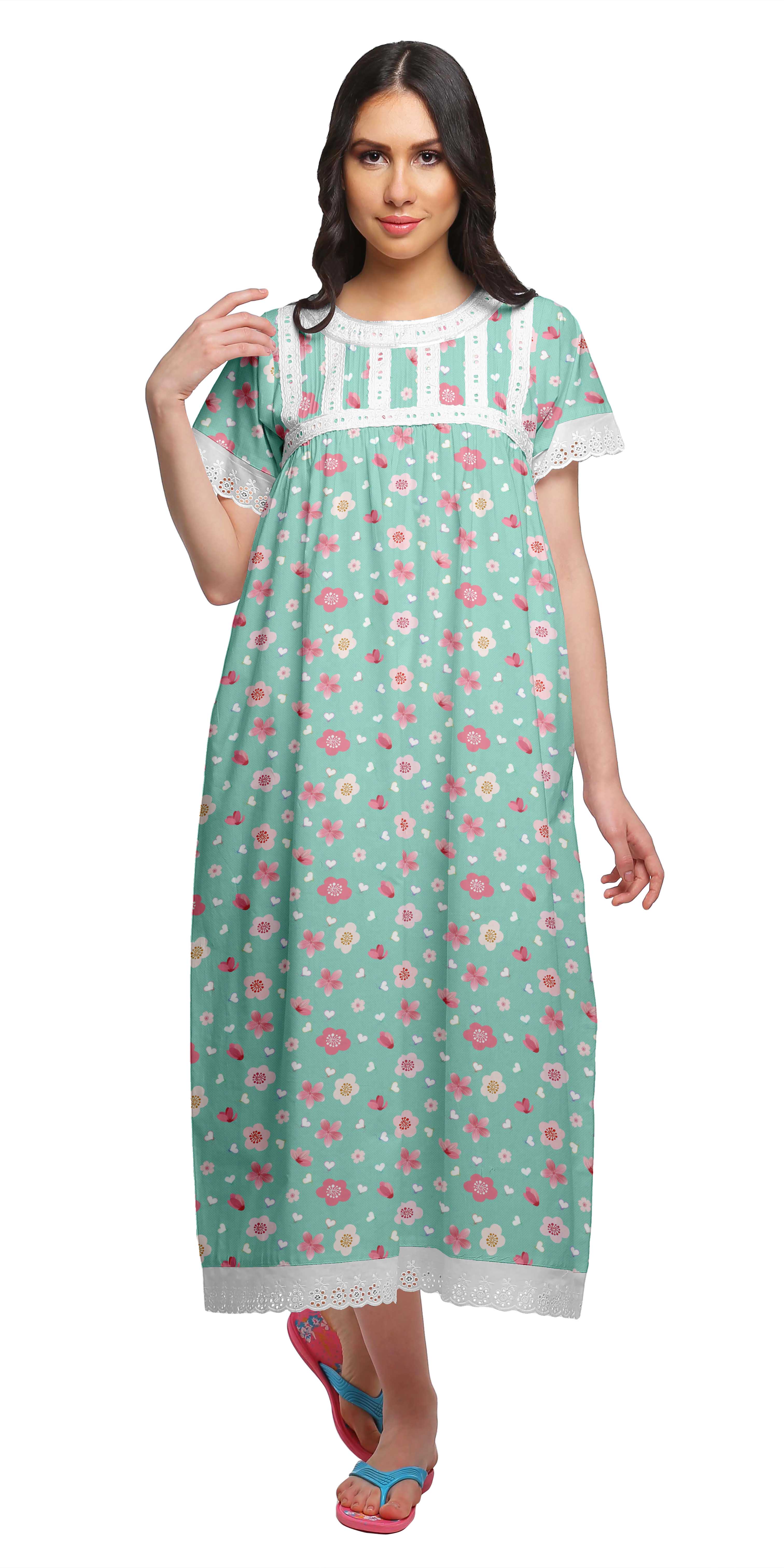 

Moomaya Printed Short Sleeve Maxi Nightdress Button Down Cotton Sleepwear XS м ята зелений колір