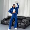 Women Winter 2 Piece Suit Half High Collar Zip Up Long Sleeve Top Elastic Waist Wide Leg Pocket Trousers