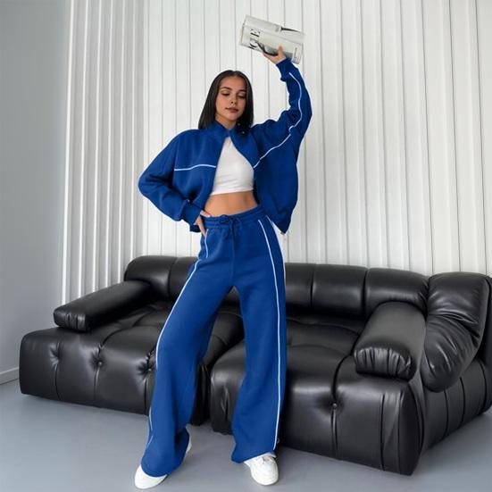 Women Winter 2 Piece Suit Half High Collar Zip Up Long Sleeve Top Elastic Waist Wide Leg Pocket Trousers