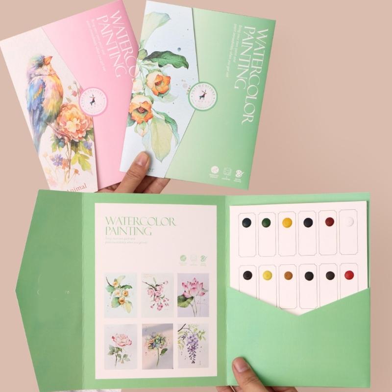 Art Doodling Book with 12 Color Watercolor Paint Water Brush Pen Stress Relief Painting Book For Children Adult Drawing