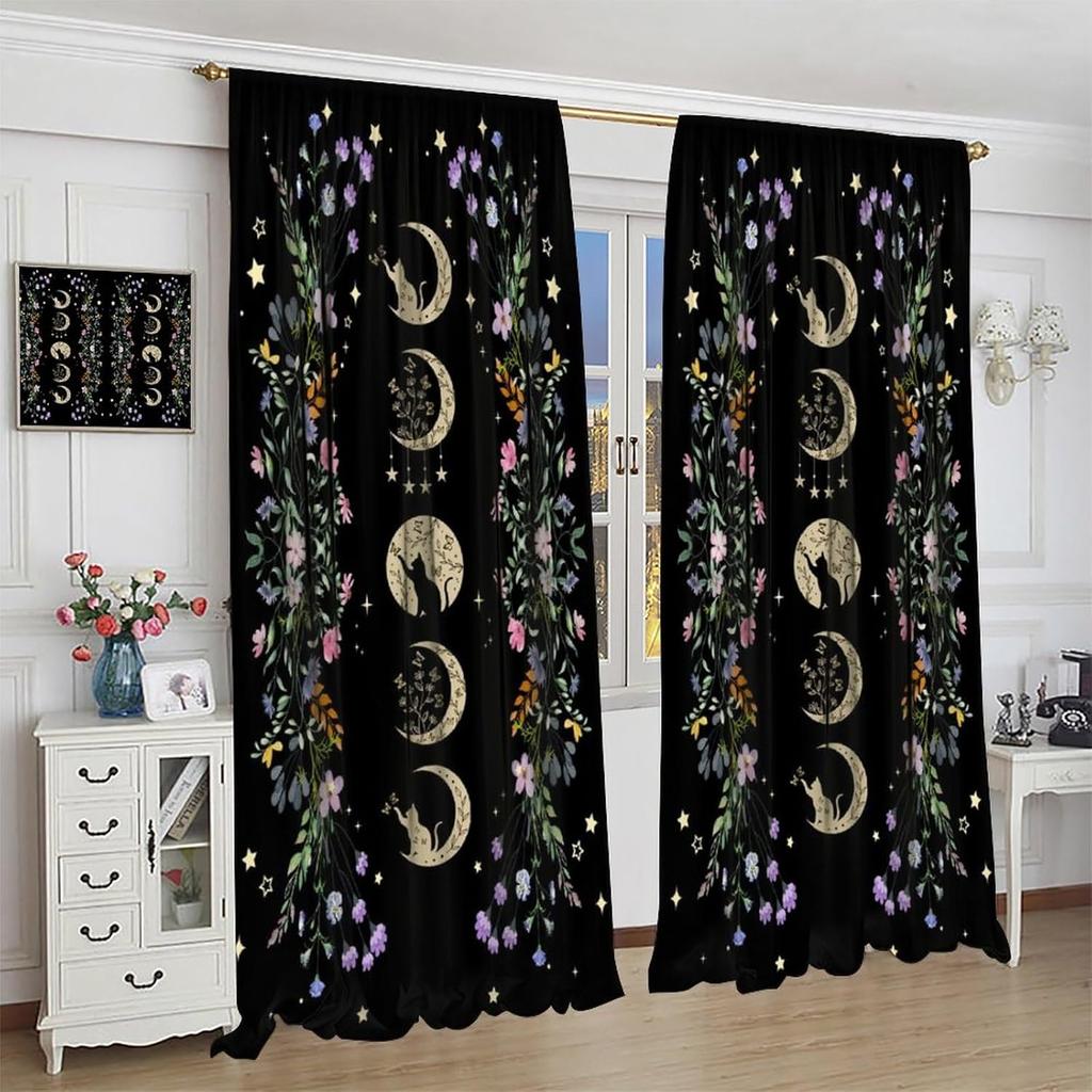 Bohemian Moon Flower Bedroom Curtains Phase Black Cat Natural Plant Moonlight Print Living Room Drapes Panels Se Curtain Polyester Ideal For Sitting