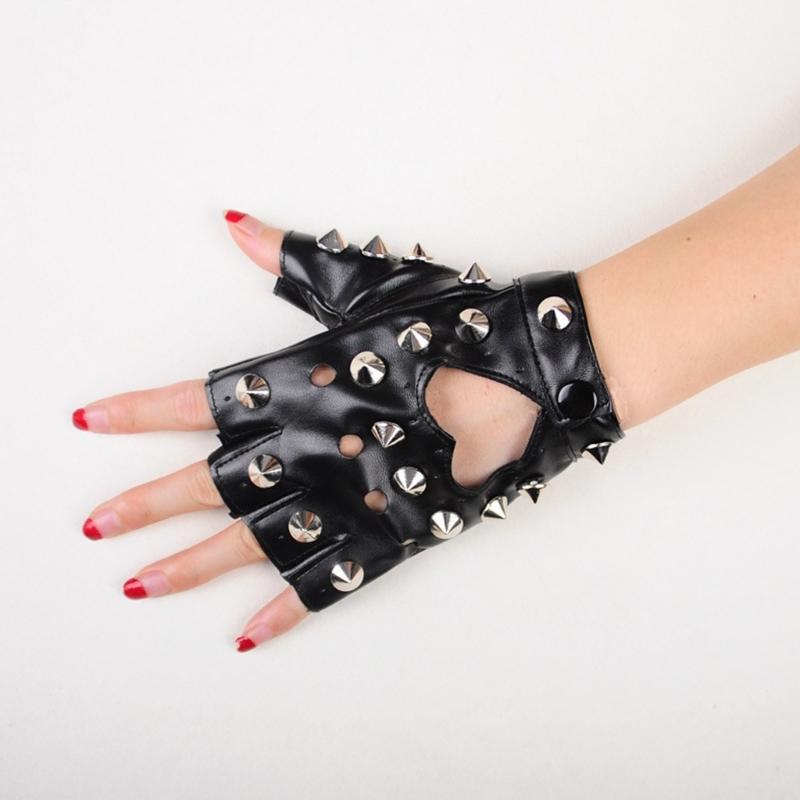 1 Paio di Guanti Punk da Donna a Mezza Dita con Borchie e Rivetti per Spettacoli di Danza e Moda