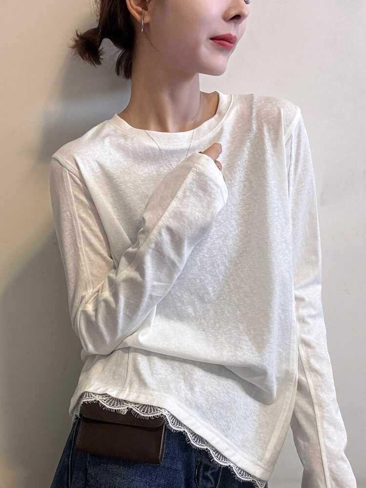 Korean Style Women's Black Round Neck Long Sleeve T-shirt - Simple Casual Base Layer for Spring/Autumn 2025