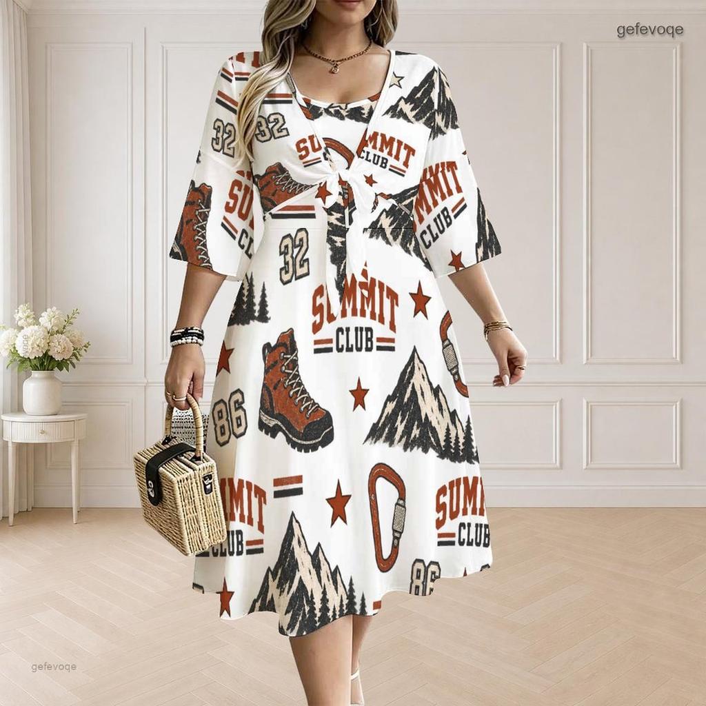 Women Plus Size Sleeveless Two Piece Midi Dress Set Tie Front V Neck 3 4 Sleeve Hiking Print White