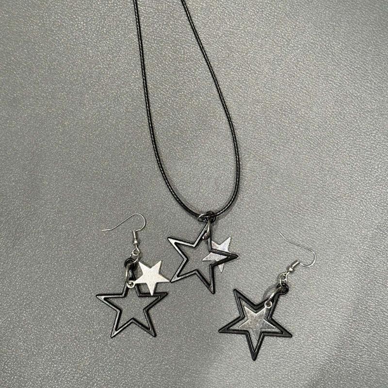 Black Star Pendant Necklace Exquisite Punk Double Star Clavicle Chain Unique Choker Jewelry Hip Hop Earring Eye Catching