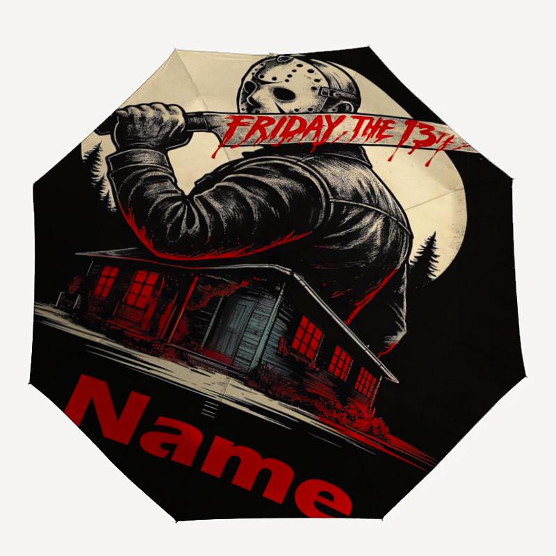 Custom Name Friday the 13th Theme Automatic Umbrella, Lightweight & Portable, 8 Rib, Perfect for Outdoor Travel, Birthdays, Christmas, Gifts.