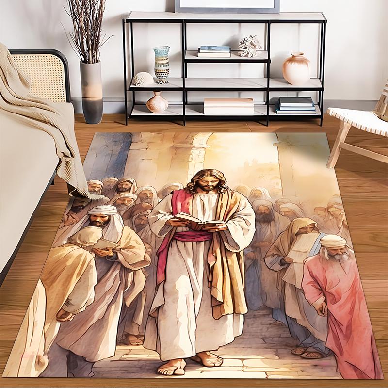 Religious Scene with Figures Reading - Non-slip rug suitable for living room and bedroom sofas."