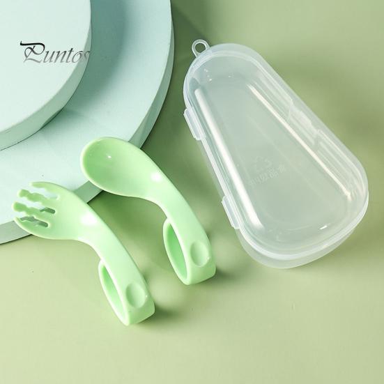 1 Set Offset Spoon Food Grade Adorable Appearance Adaptive Eating Aid Right Hand Learn Eat Baby Fork Spoon Set for Family