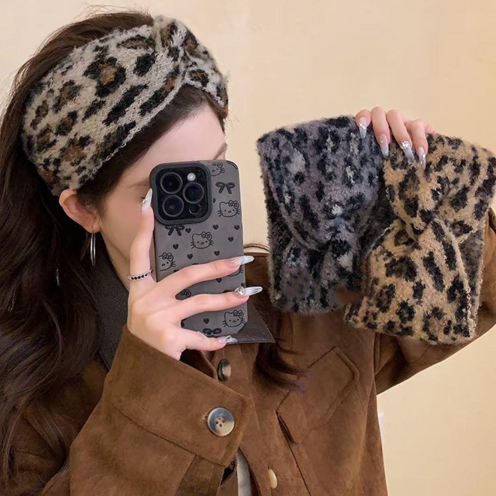 Plush Leopard Print Cross Headband For Women Korean Style Wool Knitted Chunky Hairband Fashion Wide side Turban Hair Accessories