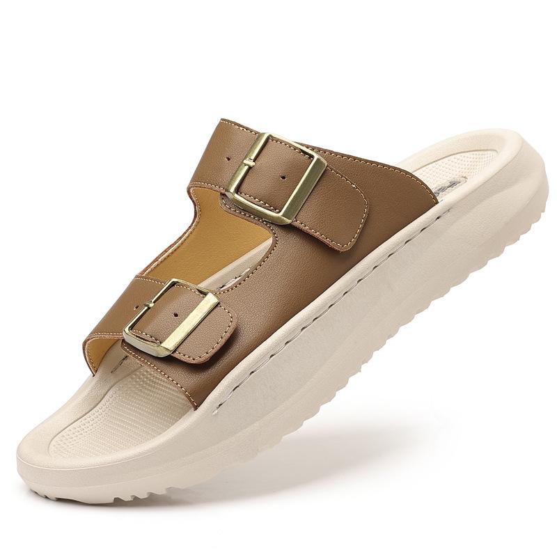 Fashion Double Buckle Designer Leather Slippers for Men Summer Solid Color Sports Beach Shoes Male Hallow Soft Sole Fashion Slippers