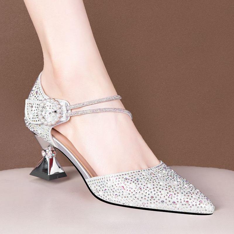 Pointed Toe High Heels Rhinestones Women's Closed Sandals Designer New Breathable Fashion Luxury 2025 Casual Ladies Shoes Sale