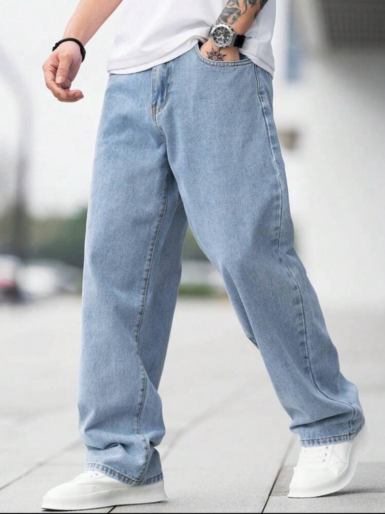 Herren Jeans locker weiter Beine hellblau gewaschen Retro Straße trendige Marke vertikal gerade Hosen