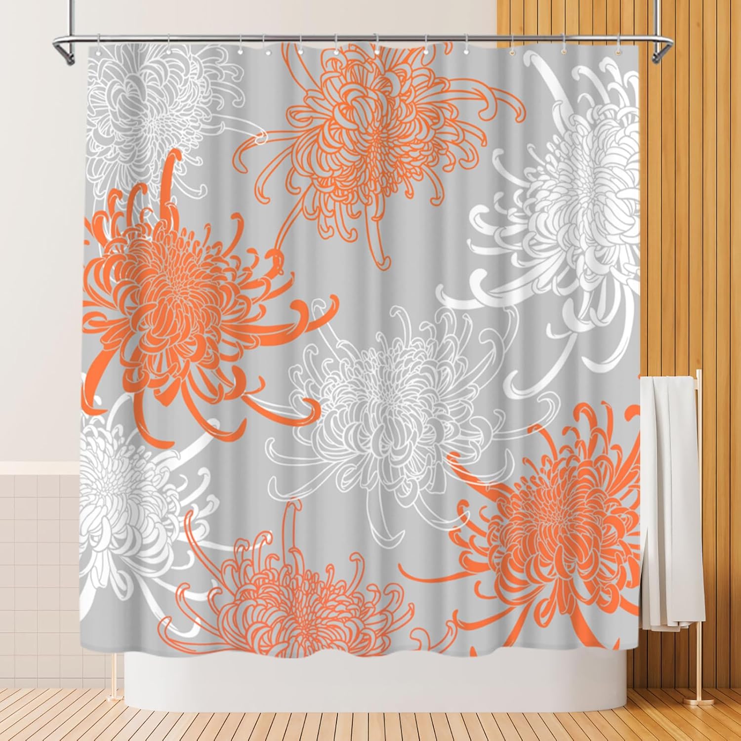 Monika Chen Orange/Coral Blossom Shower Curtain Chrysanthemum Color Background Fabric Curtain With 12 Hooks For Bathroom Decoration