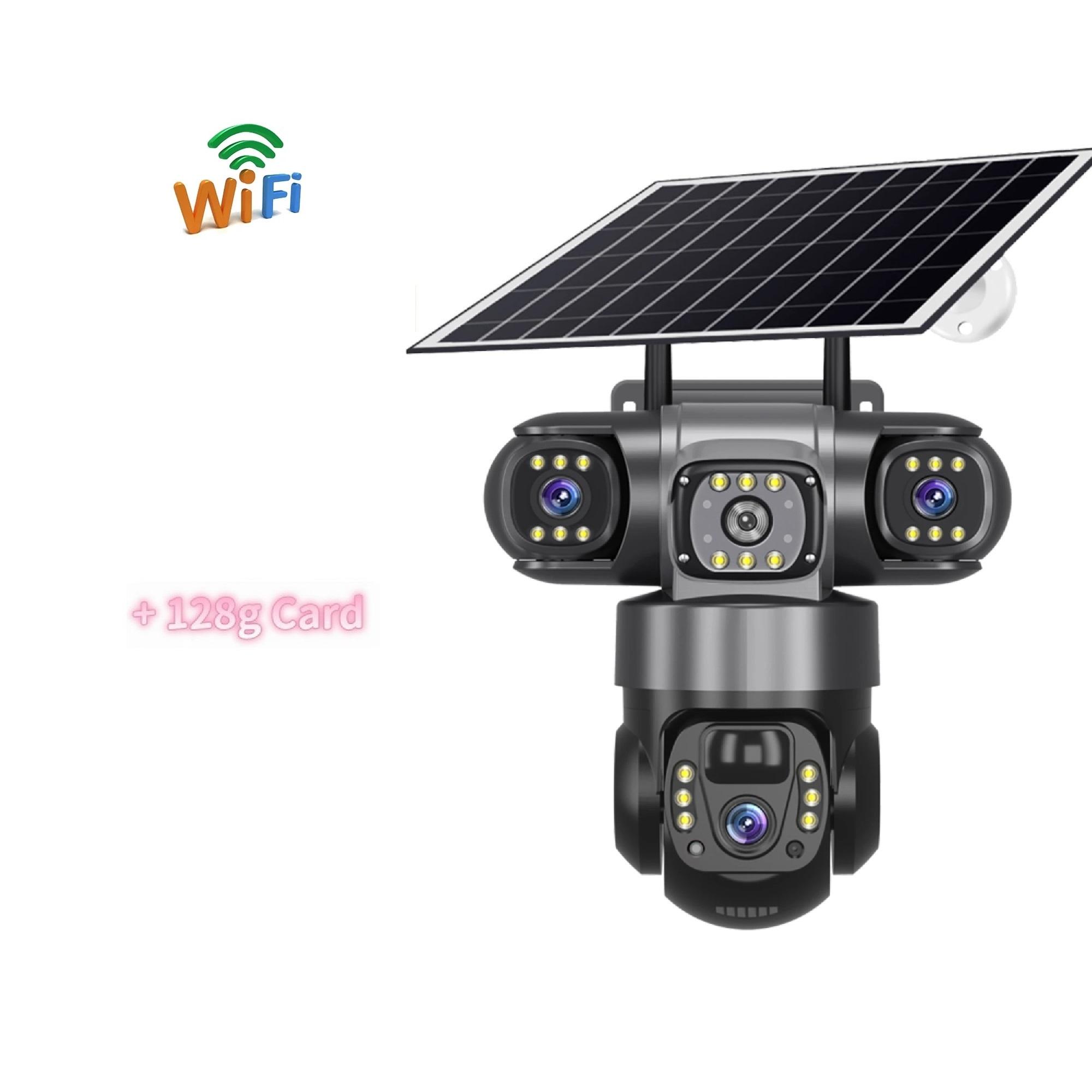 

Сонячна камера 4G/WIFI з 3 об єктивами та 3 екранами, вулична CCTV, водонепроникна, нічне бачення, двосторонній зв язок, мобільне відстеження, IP-камера 【WIFI】Camera+128g Card чорний