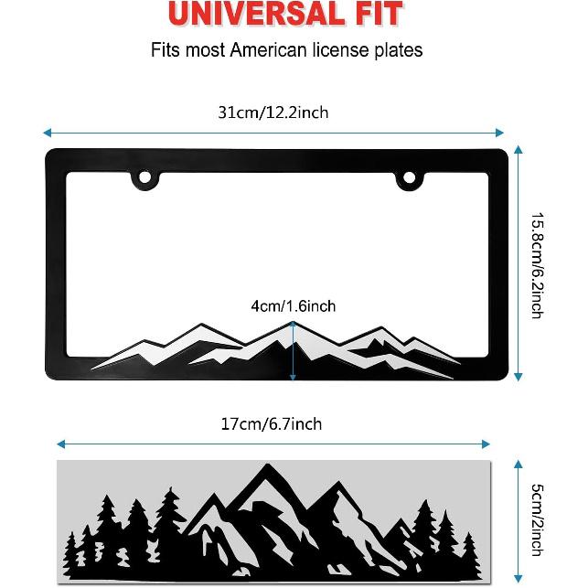 Mountain License Plate Frames- Plastic Black Car Tag Holder Bracket With Screws Caps, 2 Packs 2 Hole, White On Black, Mountain Vinyl Sticker Included