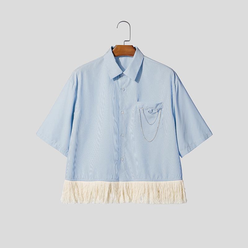 INCERUN Summer Men Short Sleeve Chain Decoration Striped Loose Casual Tassel Shirts Tops