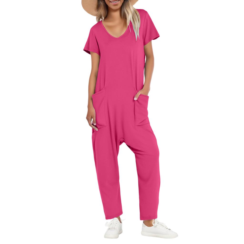 Women's Casual Short Sleeve High Waist Pockets V Neck Loose Jumpsuits Long Pants Wide Rompers