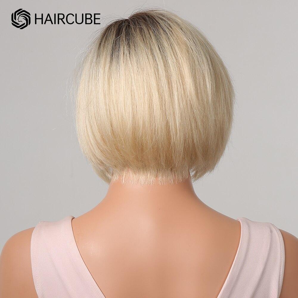 HAIRCUBE Bob Human Hair Wigs Ombre Light Blonde Pixie Cut Lace Front Wigs for Women Side Parted Straight Transparent Lace Wig