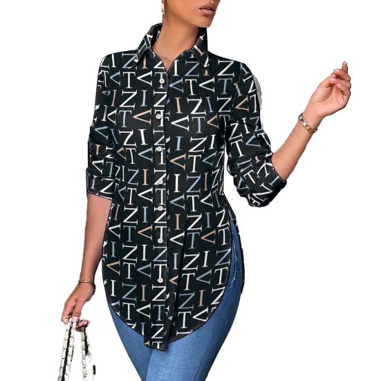 Knoflíky Velká velikost Potisk rukávů Slim Fit Dlouhá klopa Jednořadý cardigan OL Styl pro dojíždění Halenka střední délky