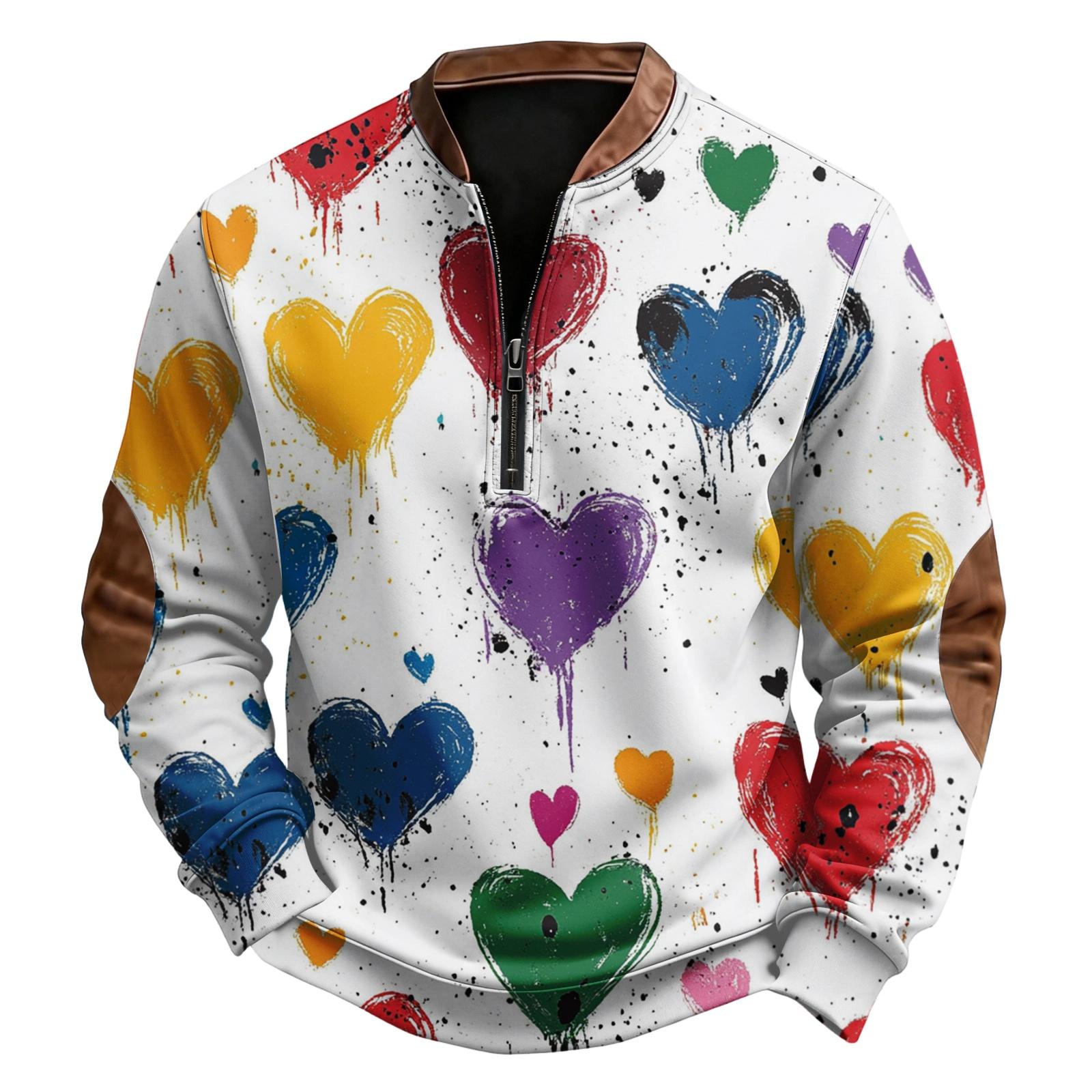 

Men s Casual, Trendy, Retro American Heart-shaped Printed Round-neck Long-sleeved Half-pull Hoodie XL білий