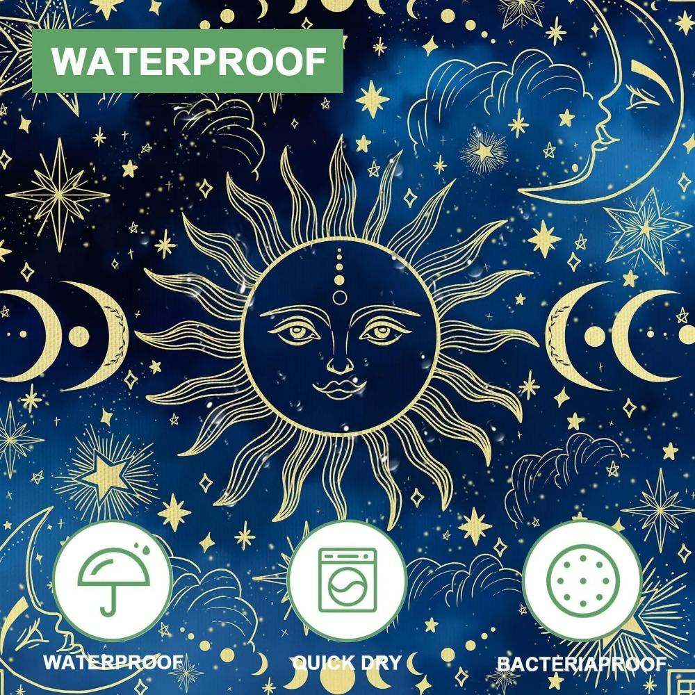 Tenda da Doccia Stampata Sole Luna Blu Celeste Oro Boho Mistico Zodiaco Galassia Per Decorazione Bagno