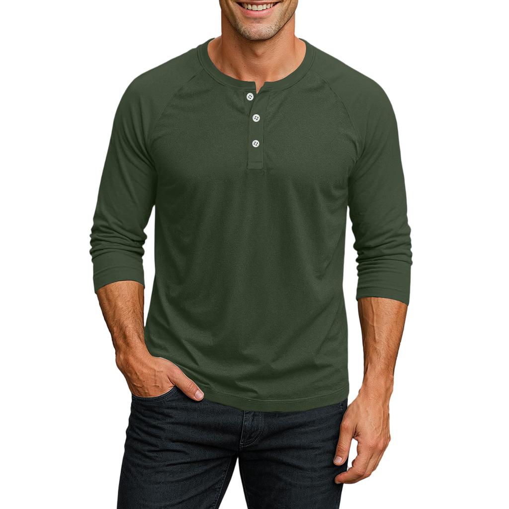 Men's Henley Neck Raglan Sleeve Three Quarter Length Shirt Button Placket Casual Lightweight Soft Fabric Top