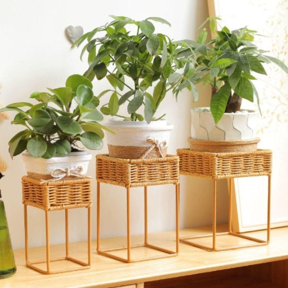 Mini Imitasjon Rattan Blomsterpotte Stativ Utstillingsskap Plantepotte Dekorativ