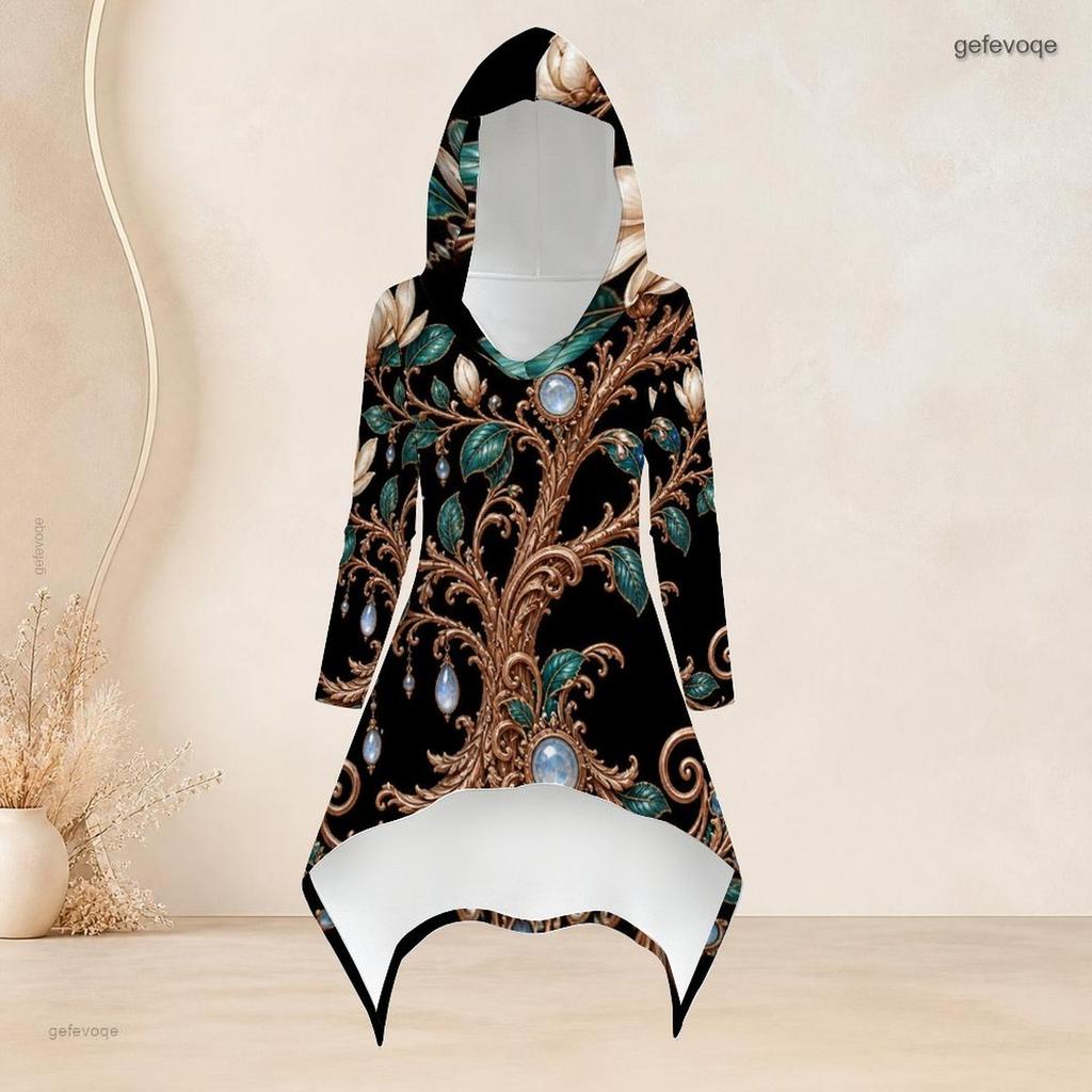 Women Plus Size Floral Printed Hooded Long Sleeve High Low Top Fitted Pants Two Piece Set