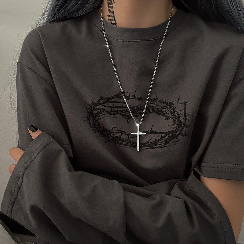 able Street-Style Anti-Allergy Stainless Steel Cross-Shaped Pendant Necklace, Suitable Daily Wear by Both Men and Women