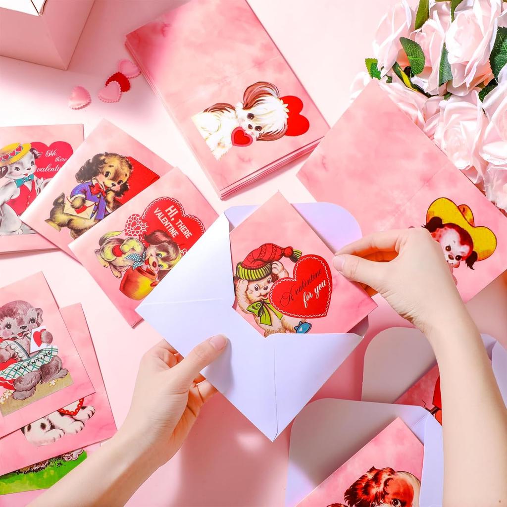 Jetec 48 Pcs Vintage Puppy Valentine's Day Cards with Envelopes Retro Puppies Valentines Greeting Cards Bulk Boxed Vintage Dog Valentines Day Note