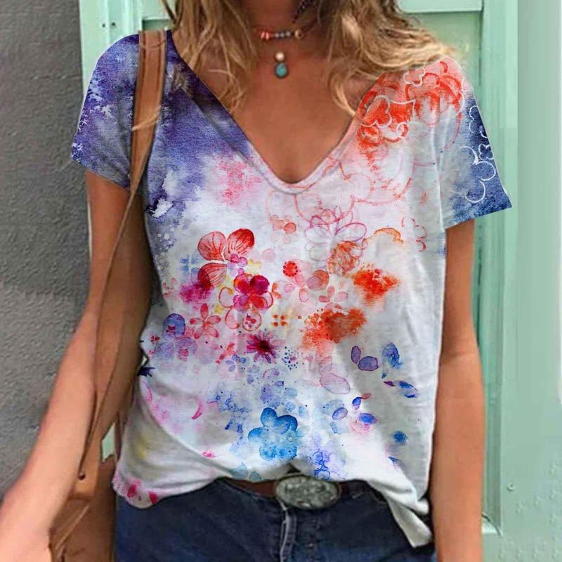 Women's Summer Women's V-neck Flower Colorful Digital Printed Casual T-shirt for Women Shirt